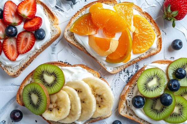 Bovenbeeld van toast met yoghurt en fruit op een wit horizontaal oppervlak