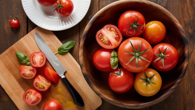 Foto bovenbeeld van tomaten in een kom met gesneden en hele tomaten op houten oppervlak