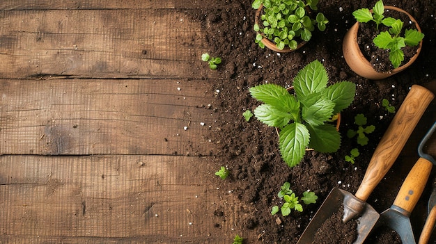 Bovenbeeld van tuingereedschap, bodem en planten op een houten tafelruimte voor tekst