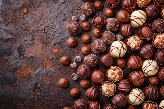 Bovenbeeld van verschillende chocoladepralines geïsoleerd op een donkere achtergrond