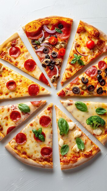 Bovenbeeld van verschillende plakjes Italiaanse pizza met kaas en tomaten kruiden specerijen en microgreens