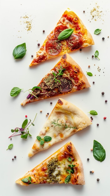 Foto bovenbeeld van verschillende plakjes italiaanse pizza met kaas en tomaten kruiden specerijen en microgreens