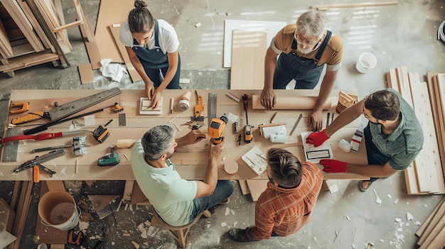 Foto bovenbeeld van verschillende timmerlieden die samenwerken in een timmerwerkplaats. ze gebruiken verschillende gereedschappen en materialen om iets te creëren.