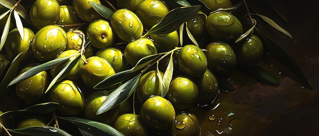 Bovenbeeld van verse en natuurlijke groene olijven in zacht licht en met olie op de top