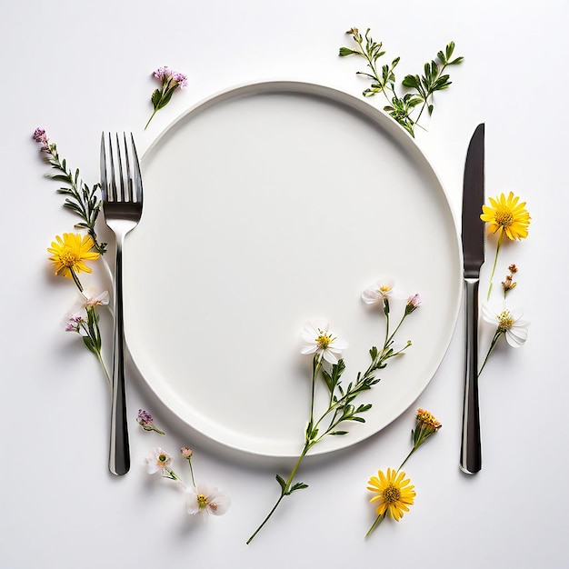 Foto bovenbeeld van vork- en messnijden en bord met natuurlijke bloemen op een witte achtergrond