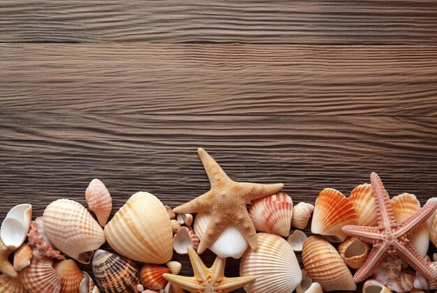 Bovenbeeld van zeeschelpen en zeesterren op een houten tafel als achtergrond