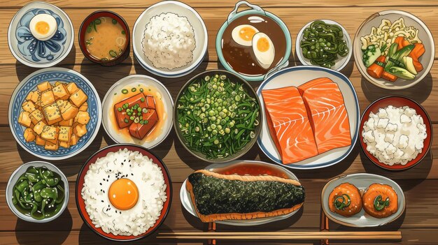 Foto bovenkant van de verscheidenheid aan traditionele japanse gerechten in anime-stijl