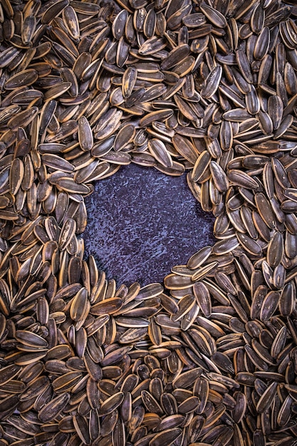 Foto bovenkant van een achtergrond van gebakken zonnebloempjes een cirkel van zaden op een betonnen achtergrond