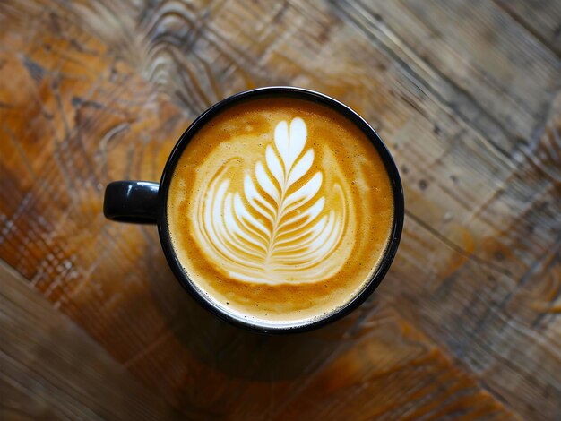 bovenkant van een kop warme latte met prachtige latte kunst op de houten tafel