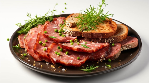 Foto bovenkant van gedecoreerde salami-snijd op een bord geïsoleerd op een witte achtergrond voor het knippen