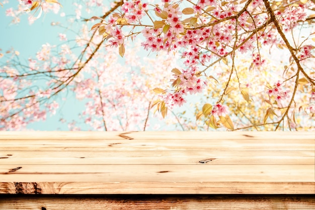 Bovenkant van houten tafel met roze kersenbloesembloem (sakura) op hemelachtergrond in het voorjaarseizoen - Leeg klaar voor uw product- en voedselweergave of montage. vintage kleur toon.