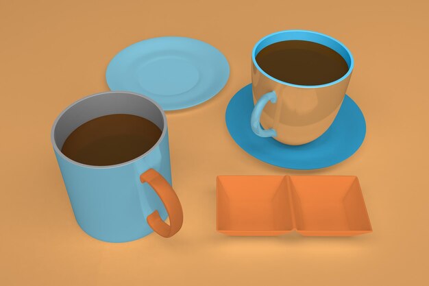 Foto bovenkant van koffiemokken geïsoleerd op oranje achtergrond