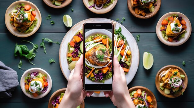 bovenkant van vrouw die foto van salade neemt met smartphone op houten tafel