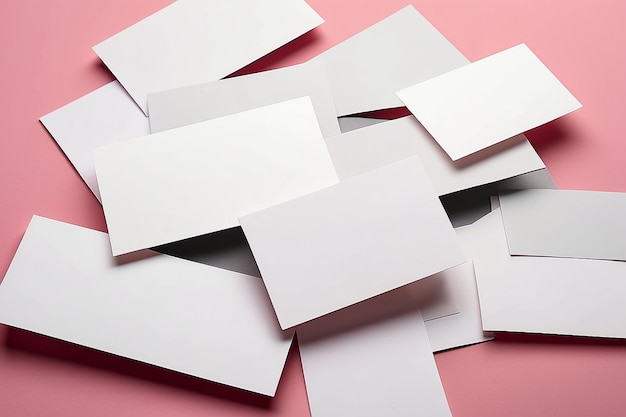 Foto bovenstaande samenstelling van een hoop lege witte visitekaartjes op een grijze en roze achtergrond
