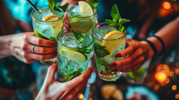 Bovenste afbeelding van een cocktailbar-restaurant met enthousiaste vrouwelijke handen die mojito-drankglazen vasthouden Generatieve AI