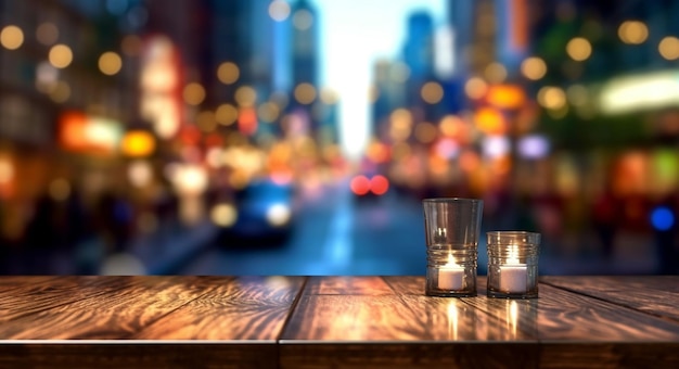 bovenste bureau met vervagen restaurant achtergrondHouten tafel en wazig bokeh van nacht straat achtergrond