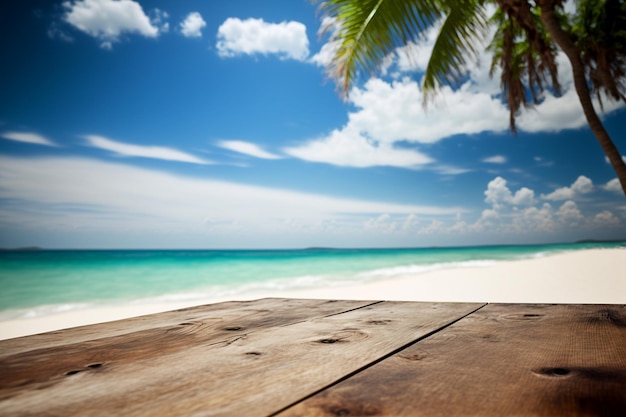 Bovenste houten tafel en kokospalm met zeestrandachtergrond voor productweergave Generatieve AI