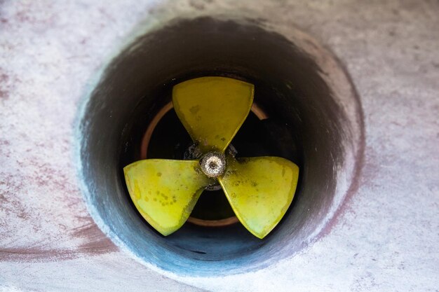 Bow thruster Propellers on a motor yacht closeup