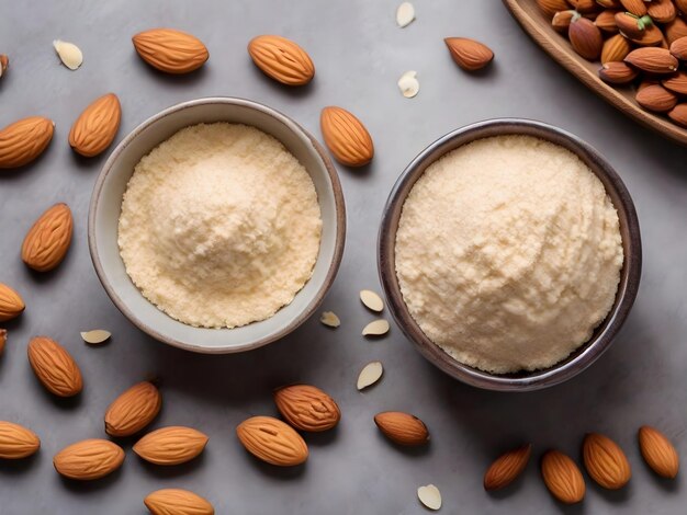 Bowl of Almond Flour and Bowl of Almonds Seen from Top View