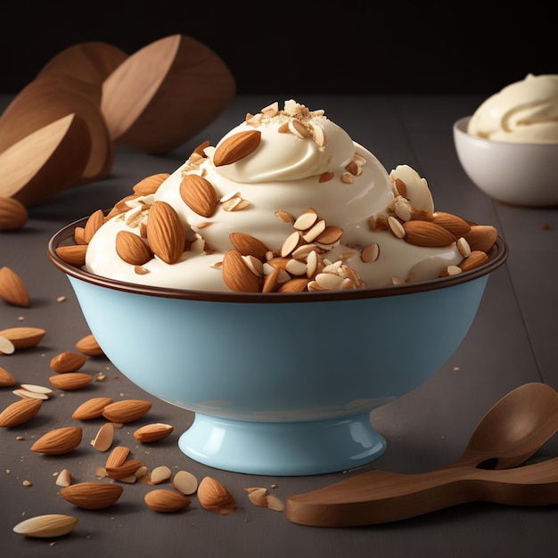 A bowl of almonds and almonds sits on a table.