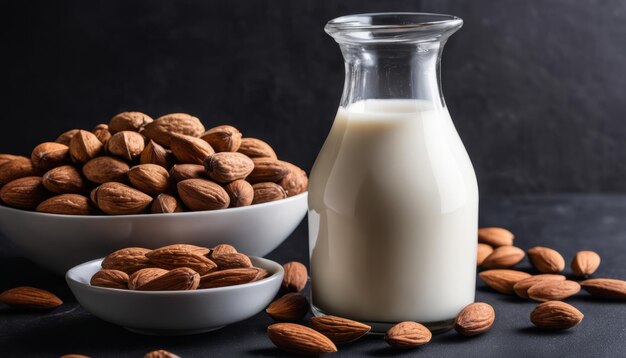 Bowl of almonds next to a glass of milk