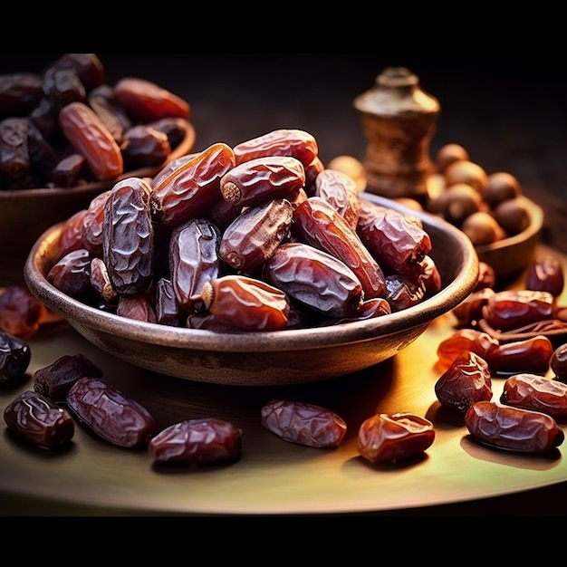 a bowl of almonds is on a table with other items.