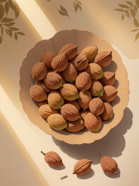 A bowl of almonds sits on a table.