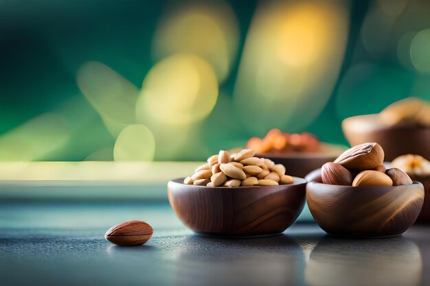 A bowl of almonds with almonds on a table