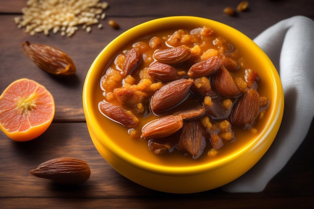 A bowl of almonds with oats on a wooden table.