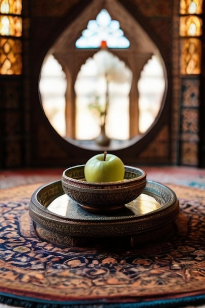 a bowl of apple sits on a table with a mirror behind it