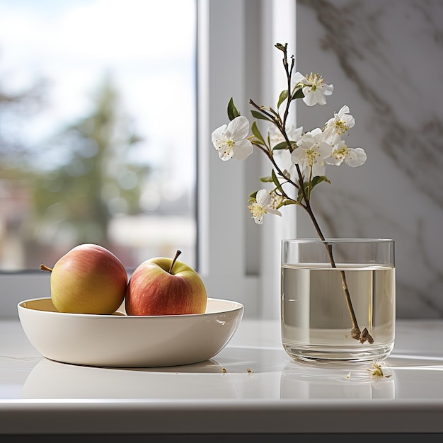 a bowl of apples and a bowl of water with a flower in it