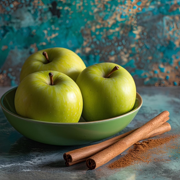 A bowl of apples and cinnamon sticks on a table