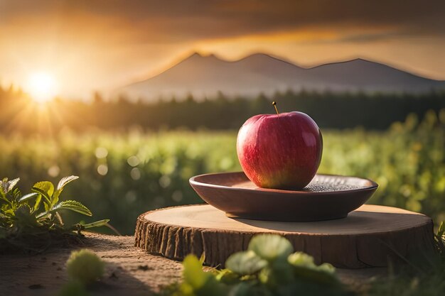 A bowl of apples in a field with a sunset in the background