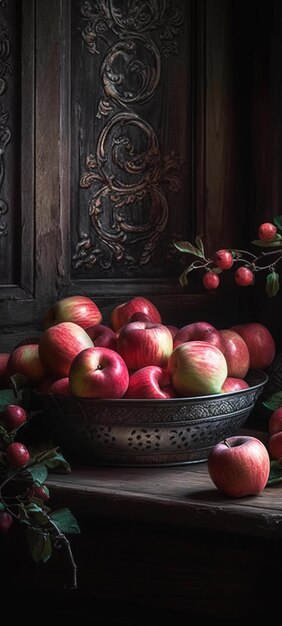 A bowl of apples is on a table