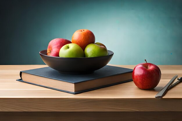 A bowl of apples sits on a table next to a book and a book.