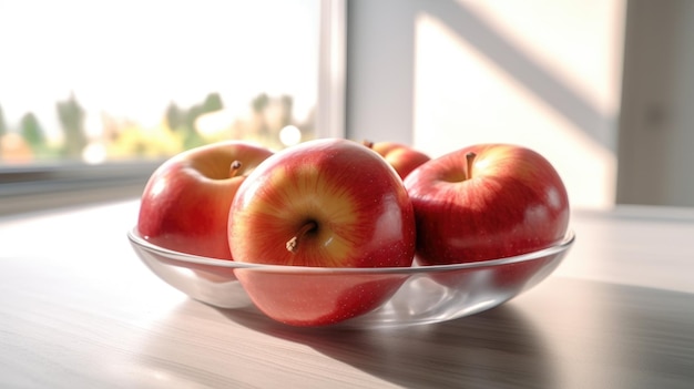 A bowl of apples on a table with a window in the background