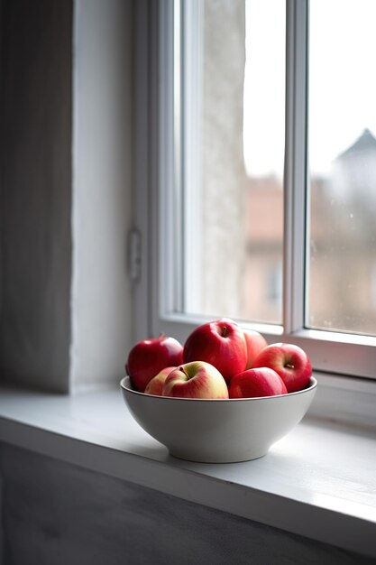 Bowl of apples on windowsill Generative AI