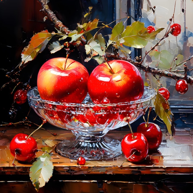 a bowl of apples with a branch that says pomegranate on it