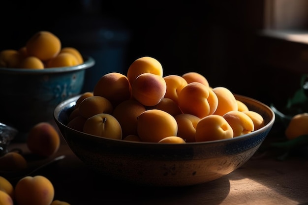 A bowl of apricots is sitting on a table with other fruits.