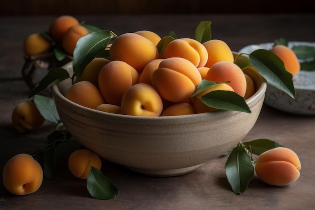 A bowl of apricots with leaves on the table