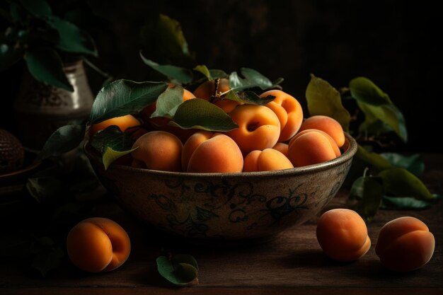 A bowl of apricots with leaves on the table