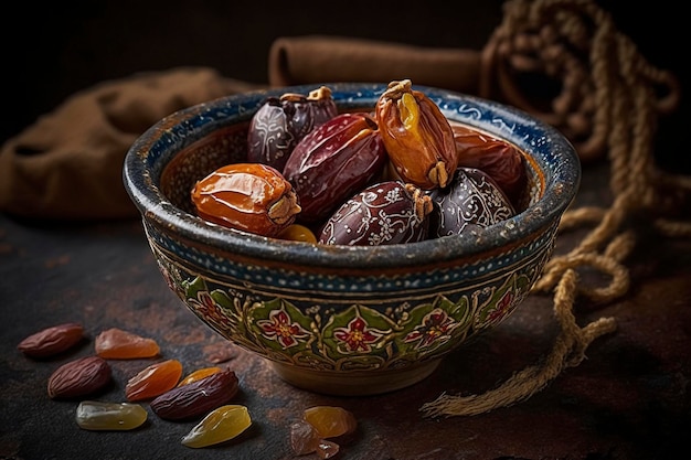 a bowl of arabic dates , creative ai