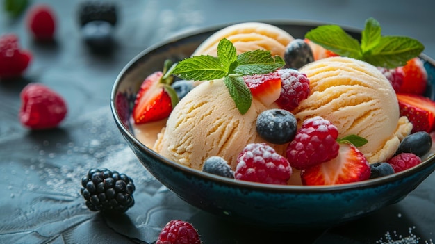 A bowl of artisanal gelato with fresh fruit and mint leaves