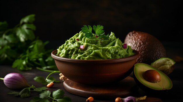 A bowl of avocado spread with a green leaf and a red pepper on the side.