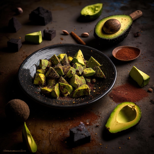 Photo a bowl of avocado with a brown bowl of chocolates and cinnamon