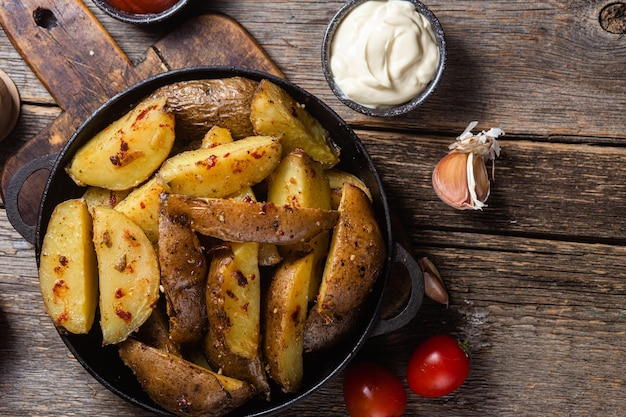 A bowl of baked potatoes with a sauce on the side