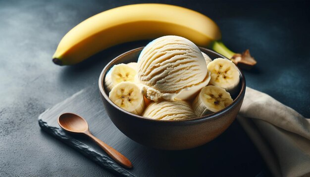 A bowl of banana ice cream with a banana on a dark background