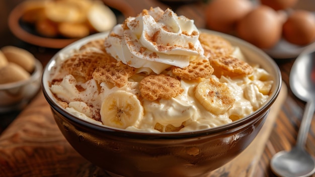 A bowl of banana pudding with vanilla wafers and whipped cream