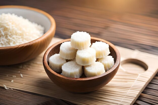 A bowl of banana slices sits on a bamboo mat next to a bowl of rice.