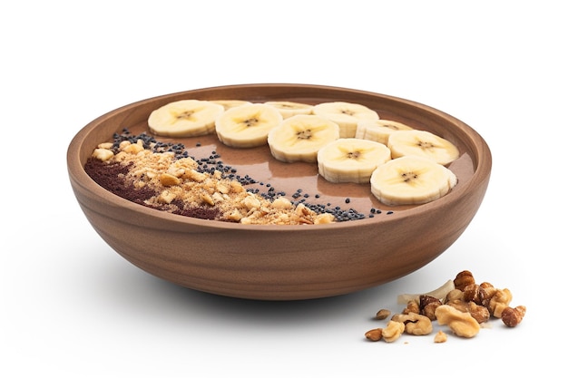 A bowl of banana smoothie with banana slices and granola.